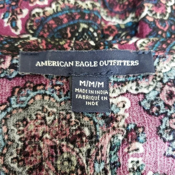 American Eagle Shift Peasant Dress Purple Paisley Keyhole Neck 3/4 Sleeve Boho - Picture 7 of 9